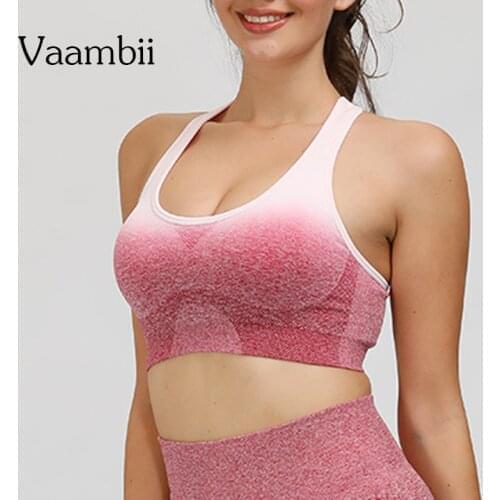 Ombre Sports Crop Top With Cups Wide Straps Women Pitted Fitness Yoga Bra Open Back Sport Bra Without Bones Seamless Bralette