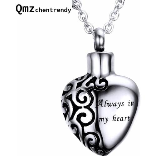 Stainless steel ' Always in my Heart ' Cremation Funeral Love Jewelry Ashes urn Heart pendant Keepsake Necklaces Urn jewelry