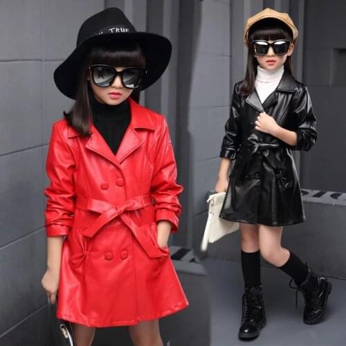 2020 New Girls Pu Leather Jacket Long Dress Double-breasted Buttons Kids Windbreaker Teen Girl Cool Coat Children Clothing