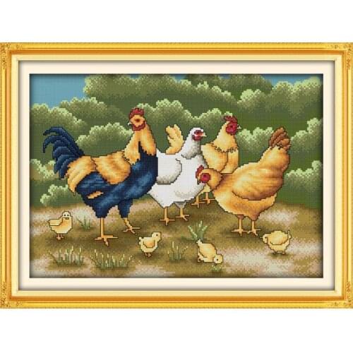 Chickens foraging cross stitch kit animal family DMC counted fabric pre stamped stitching embroidery DIY handmade needlework
