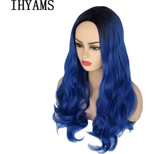 Movie Descendants 3 Evie Anime Cosplay Wig Halloween Carnival Party For Adult Dark Blue Ombre Black Long Wavy Wig + Wig Cap