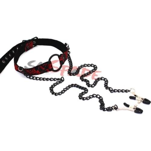 Red bracade bondage restraint gag,oral sex mouth gag with chain nipple clamps,buckle straps connecting bondage gag,sex adult toy