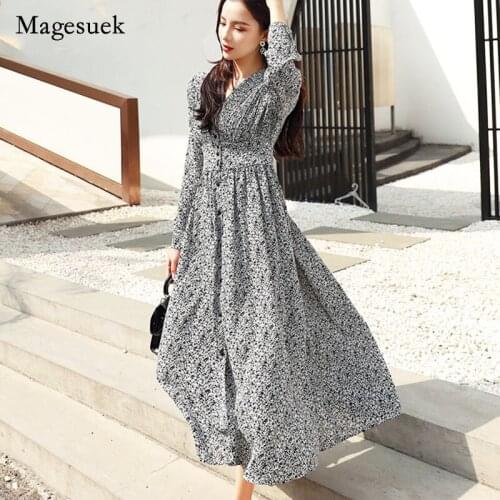 2021 Long Sleeve Chiffon Dress Empire A-Line V-Neck Dresses Elegant Women Dresses Fashion Korean Button Dot Vintage Dress 8560