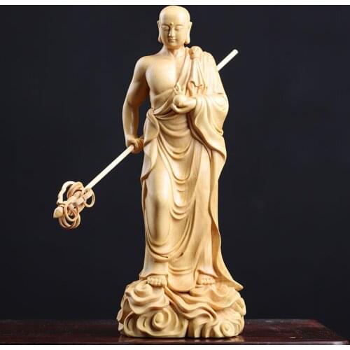 Boxwood 20CM Ksitigarbha Sculpture Wood Buddha Statue Dizang Wang Bodhisattva Worship Home Decor