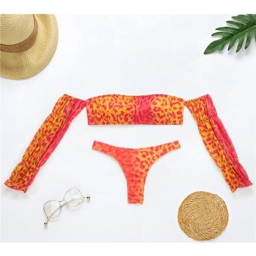 Sexy Long Sleeve Off Shoulder Bikinis Women Bandeau Push Up Bikini Set Cut Out Sun-Proof Swimwear Thong Bathing Suits Biquini