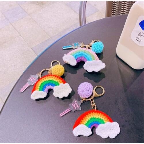 Knitted Rainbow Keychains for Women Handmade key Holder Keyring Bag Charm Car Hanging Jewelry Gifts D555
