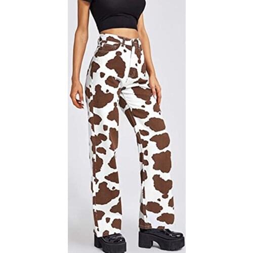Vintage Cow Print Baggy Jeans Women Y2K Casual High Waisted Pants Loose Harajuku 90s Black White Long Trousers Ladies Street