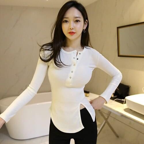 2019 New Women Fashion Tees O-Neck Buttons Long Sleeve Skinny T-shirt Slim Slit Sexy Top High Quality T-shirt Free Shipping