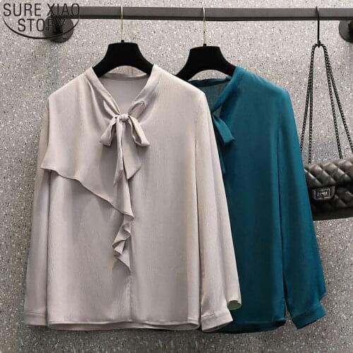 2021 New Plus Size 4XL Women Shirts Chiffon Blouse Fashion Bow V-neck Women Loose Clothing Long Sleeve Tops Blusa Mujer 16668
