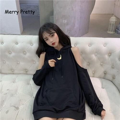 Japanese Harajuku Women Streetwear Hoodies Hooded Black Gray Off The Shoulder Oversize Pullover Korean Ulzzang Gothic Moon Tops