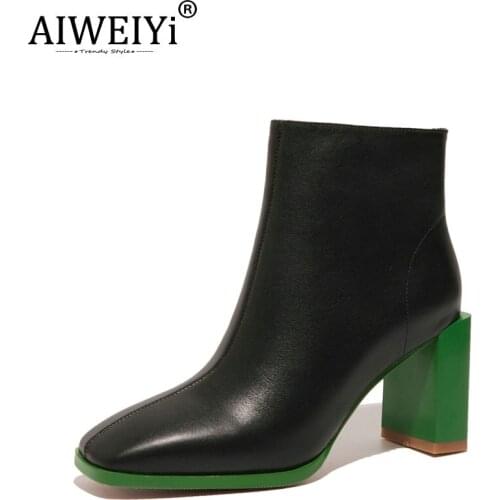 AIWEIYi Genuine Leather Boots Women Mix Color Platform Motorcycle Boots Spring Autumn Women Riding Botas Mujer