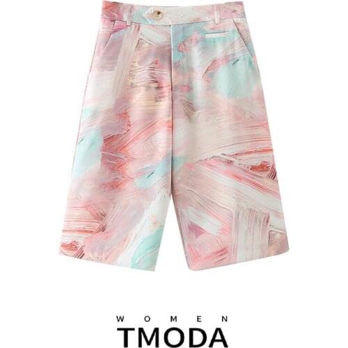 TMODA410 Women 2021 Chic Fashion Graffiti Print Side Pockets Shorts Vintage High Waist Zipper Fly Female Short Pants Mujer