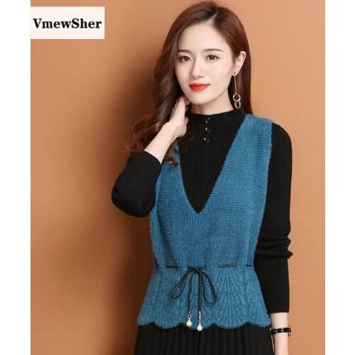 Vmewsher New Faux Mink Hair Velvet Women Sweater Vest Autumn Winter Slim Short V-Neck Sleeveless Adjusted Pearl Pullover Top