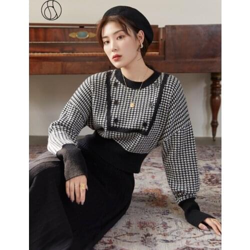 DUSHU Plus size oversized plaid knitted sweater Women autumn winter black vintage pullover Female knitwear top elegant jumper