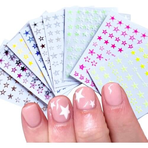 1pcs Fluorescence Hollow Stars Pattern Self-Adhesive 3D Nail Stickers Ultra-thin Shiny Neon Five-pointed Star Design Manicure