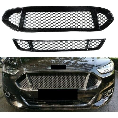 2PCS Front Grille For Ford Mondeo Fusion 2013-2016 Real Carbon Fiber Car Exterior Lower Upper Bumper Hood Mesh Replacement Grill