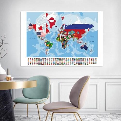225*150cm The World Map with National Flags Decorative Poster Non-woven Canvas Painting Home Decor School Supplies