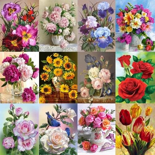 5D DIY Diamond Painting Flowers Vase Cross Stitch Kit Full Drill Embroidery Rose Mosaic Art Picture of Rhinestones Decor Gift