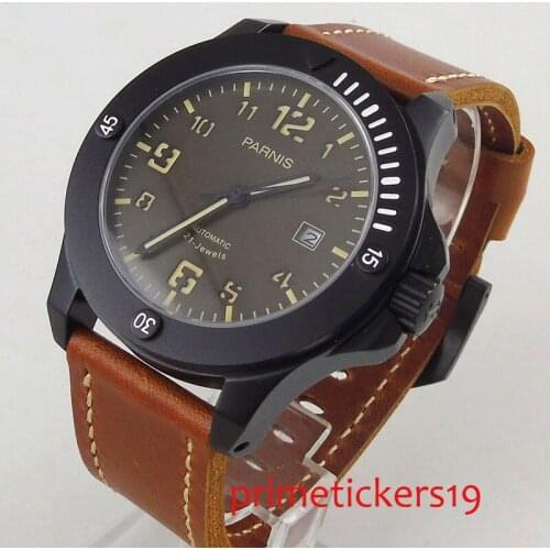 Automatic mechanical 43mm PARNIS black dial PVD coated case date sapphire crystal mens watches leather strap PA1198