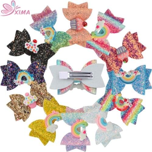 XIMA 12pcs/lot 3inch Glitter Rainbow Hair Bows with Hair Clip Rainbow Shiny Bows Hairgrips Girls Hair Accessories for Party