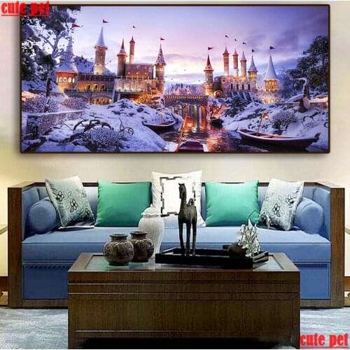 Large Diamond Embroidery Castles Rivers Winter Bridges Boats DIY Needlework 5D Diamond Painting Cross Stitch Mosaic Decor puzzle