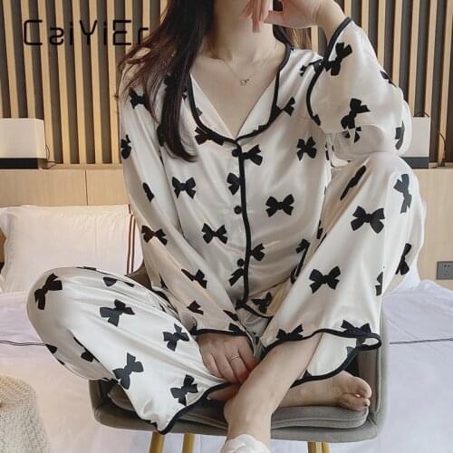 CAIYIER New Silk Sleepwear Set For Women Long Sleeve Sexy Nightwear Cute Bowknot Print Lingerie Pajamas Set Girls Homewear M-2XL
