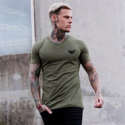 Summer Gym T-shirt Men Cotton Fitness V Neck Short Sleeve T Shirt Sports Slim Fit Tee Shirt Male Bodybuilding Workout Clothing