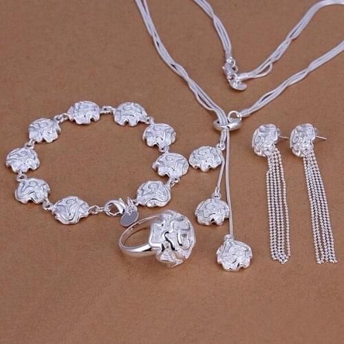 Hot wedding jewelry noble charm female Rose necklace bracelets ring Drop Earrings fashion Silver color jewelry sets S241