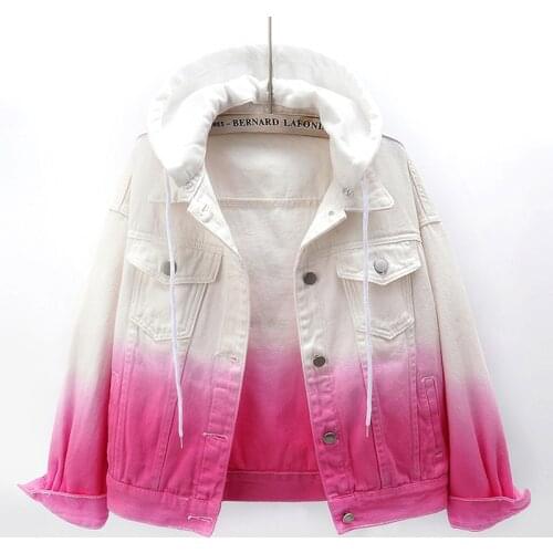 Harajuku Womens Color Gradient Hooded Denim Jacket Streetwear Plus Size Korean Loose Autumn Students Jeans Overcoat Ropa Mujer