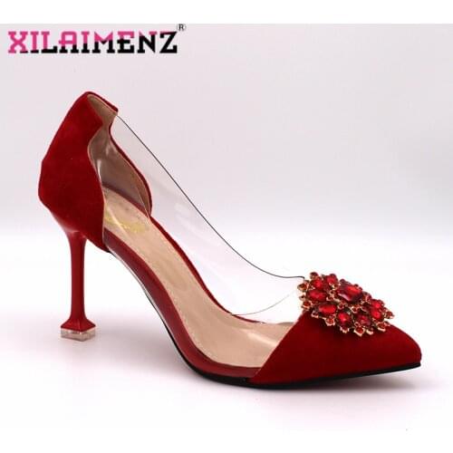 Red Color Latest Italian Lady Shoes with Shinning Crystal Thin Heels 9CM Elegant African Women Shoes for Wedding Party