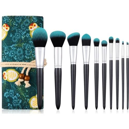 New 10PCS/SET Dark Green Owl Ink Makeup Brush Set Powder Eye Shadow Blush Brush with Owl Ink Bag Beauty Tool Costmetics for Girl