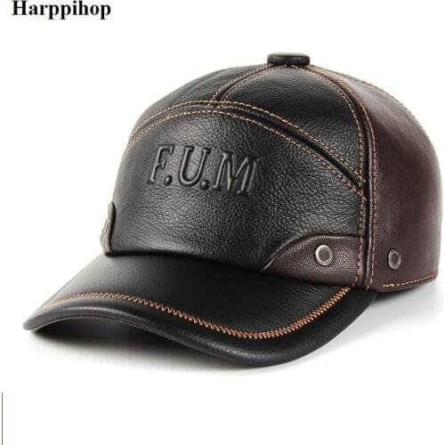 2019 new Winter spring Warm Men Hat Genuine Leather Cowhide Caps 3 Sizes with cotton Earmuffs outdoor genuine leather baseball