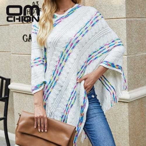 OMCHION Korean Fashion Poncho 2021 Autumn Winter Loose Oversized Sweater Coat Rainbow Stripe Scarf Tassel Cloak Shawl Women