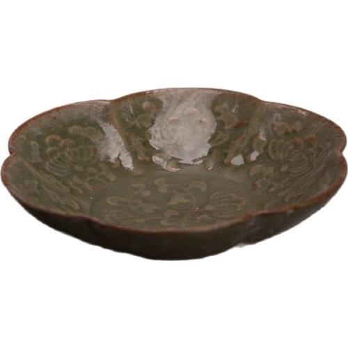 Early collection of song Yaozhou Kiln blue glaze carved plate collection ornaments