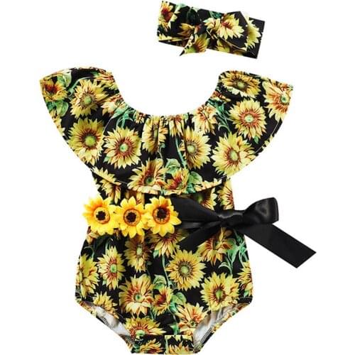 Sunflower Newborn Outfits Headbands+Flora Printed Rompers Cotton Fashion Girls Toddlers Cute Babies Clothes