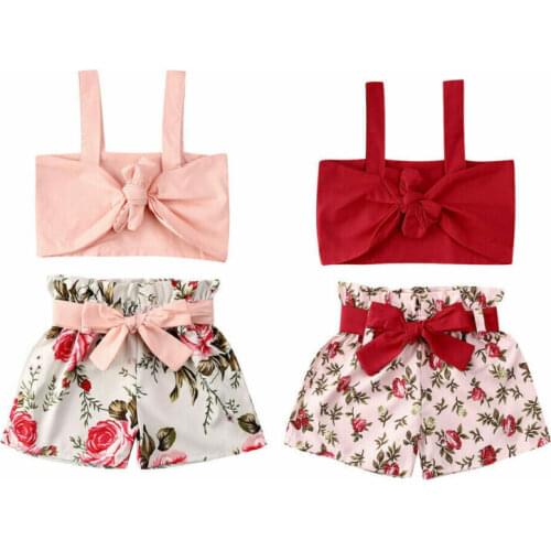 2020 Baby Girl Clothes Summer Kids Girl Outfits Sling Camis Crop Tops Floral Shorts 2Pcs Child Girl Bowknot Clothes Sets 0-5Y