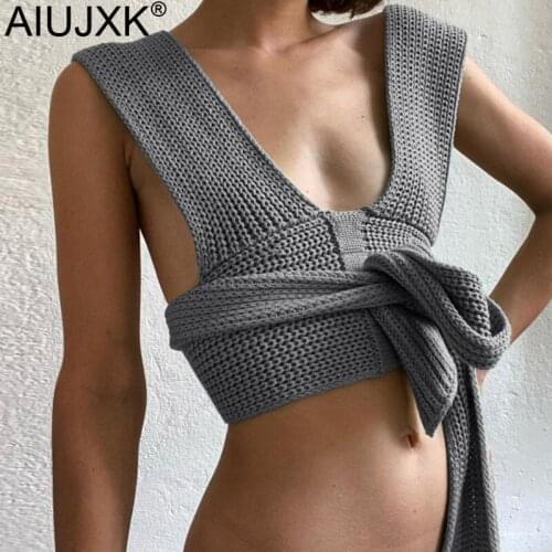 AIUJXK 2021 Sleeveless Knitted Crop Sweater Sexy Spring Summer Fashion Beach Bandage Tank Top Black Casual Knit Top Pullover Y2k
