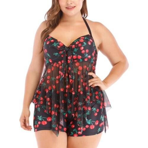 Women Bikinis Cherry Print Two-piece Bathing Suit Irregular Underwired Halter Top High Waist Shorts Set Plus Size Swimsuit
