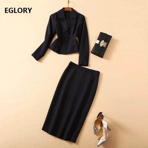 High Quality Womens Set 2021 Spring Autumn Business Suit Women Black Blazer Coat+Midi Pencil Skirt Set Suit Female 2 Piece Set