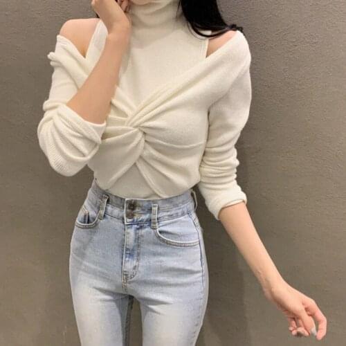Fall Winter Temperament Off-shoulder New High Neck Pullover Womens Hollow Twisted Long Sleeve Top Tight-fitting Solid Knitwear