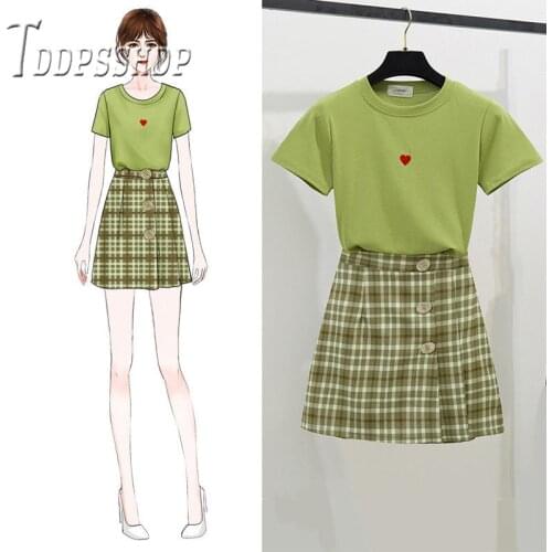 2019 Retro Green T Shirt And Grid Skirt Women Sets Summer Refreshing Female Sets