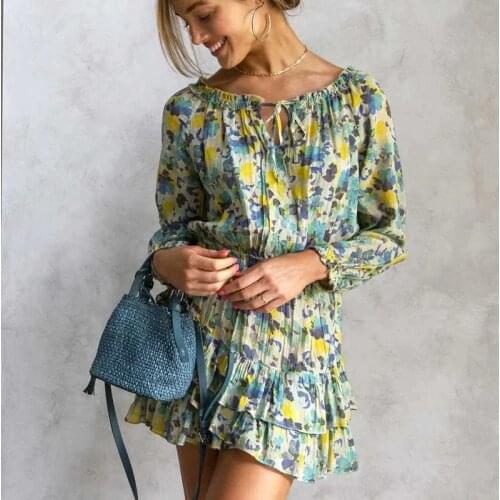 2021 Fashion Summer Floral Print Long Sleeves Layered Ruffle Dress Women Asymmetrical Ladies Dress New Chic Holiday Dress
