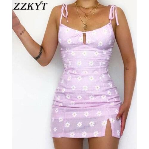 ZZKYT 2021 Women Summer Vintage Floral Print Bow Tied Straps Mini Dress Fashion Square Collar Backless Split Female Party Dresse