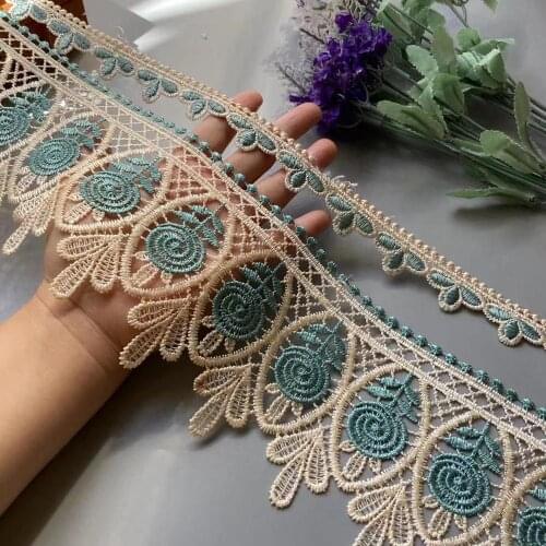 2 Yards Embroidery Turquoise Flower Lace Ribbon Trims for Sofa Curtain Trimmings Dress Costumes Applique Beige 10 cm 2.5 cm Hot