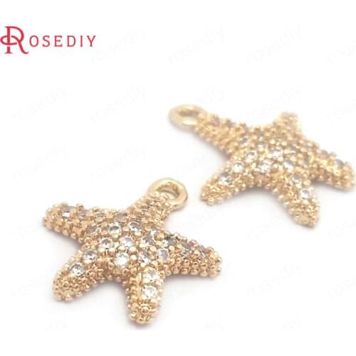 39603)6PCS 12x14MM 24K Gold Color Brass and Zircon Starfish Charms Pendants Jewelry Making Supplies Diy Findings Accessories