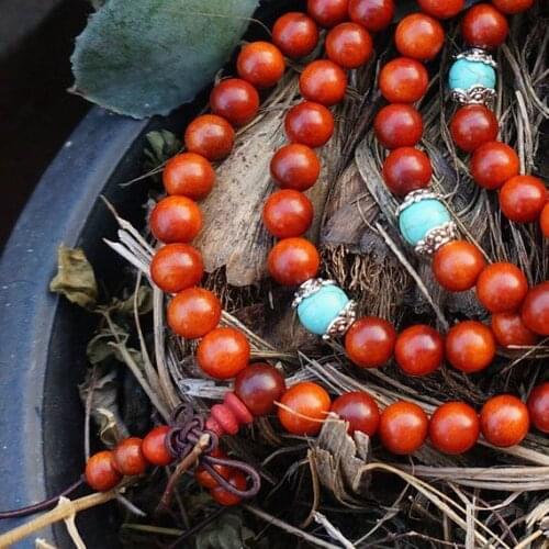6mm/8mm Natural Indonesian Blood Dragon Wood Beads with Turquoise Beads Buddhism Beads,Meditation Prayer Beads Japa Mala Buddha