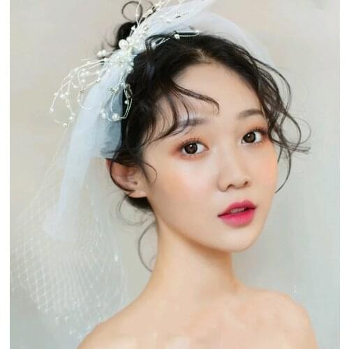 Ins Hotsale White Bow-Knot Bridal Veils Crystal Pearls Wedding Headpiece with Veil Handmade Women Accessories банты для волос