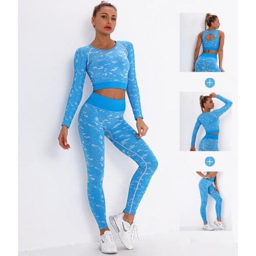 3PCS Seamless Women Yoga Set Athletic Wear Sports Gym Legging Seamless Fitness Bra Crop Top Long Sleeve Yoga Suit