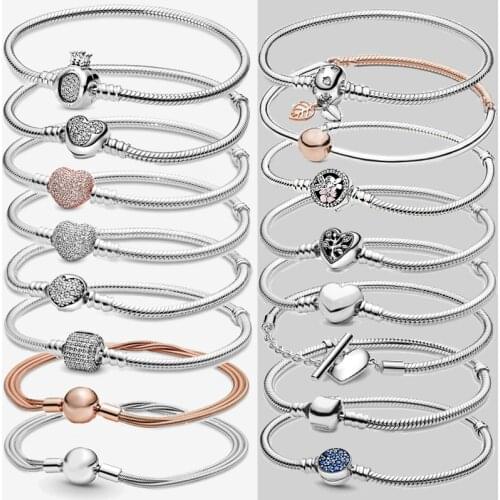 925 Sterling Silver Charm Original Sparkling Heart Snake Chain Multi Styles Bracelet Women Jewelry Bracelets Gift