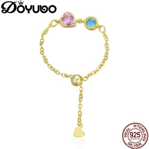 DOYUBO Bohemia Style Womens 925 Sterling Silver Gold Color Chains Rings With Pink Heart Cubic Zirconia Adjustable Rings AGB034